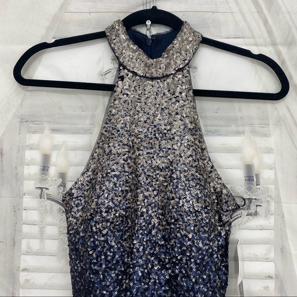 Betsy & Adam Size 2 Long Dress Gown Ombre Sequins Mock Neck Sleeveless Blue - Picture 6 of 16